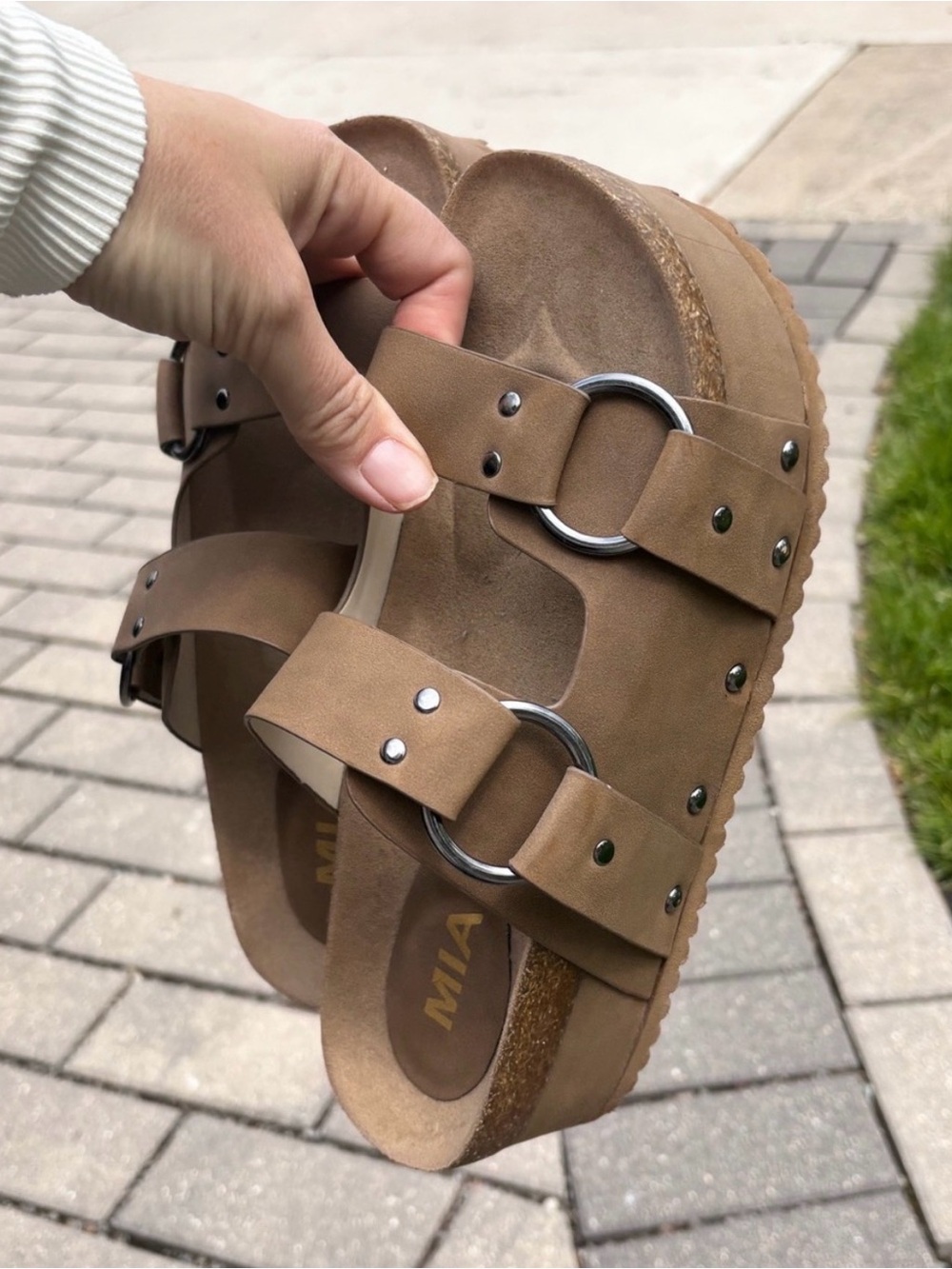 MIA Women's Taupe Double-Buckle Slide Sandals